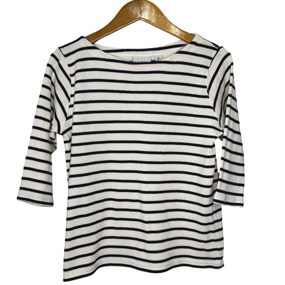 L.L. Bean Nautical Breton Stripe Sweater Med. Petite Cream/Blue 3/4 Sleeve